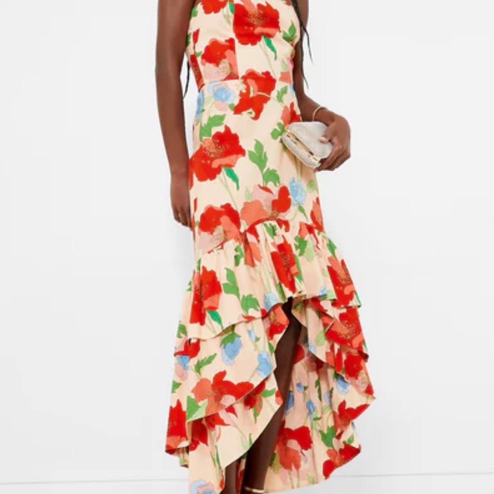 Floral High-Low Ruffle Dress in Cream and Red